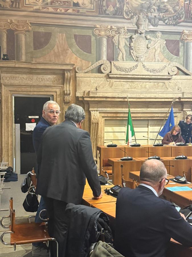 A group of individuals in an ornate meeting room, with one person looking back towards the camera while others are seated at a table. Flags are visible in the background along with decorative architecture.