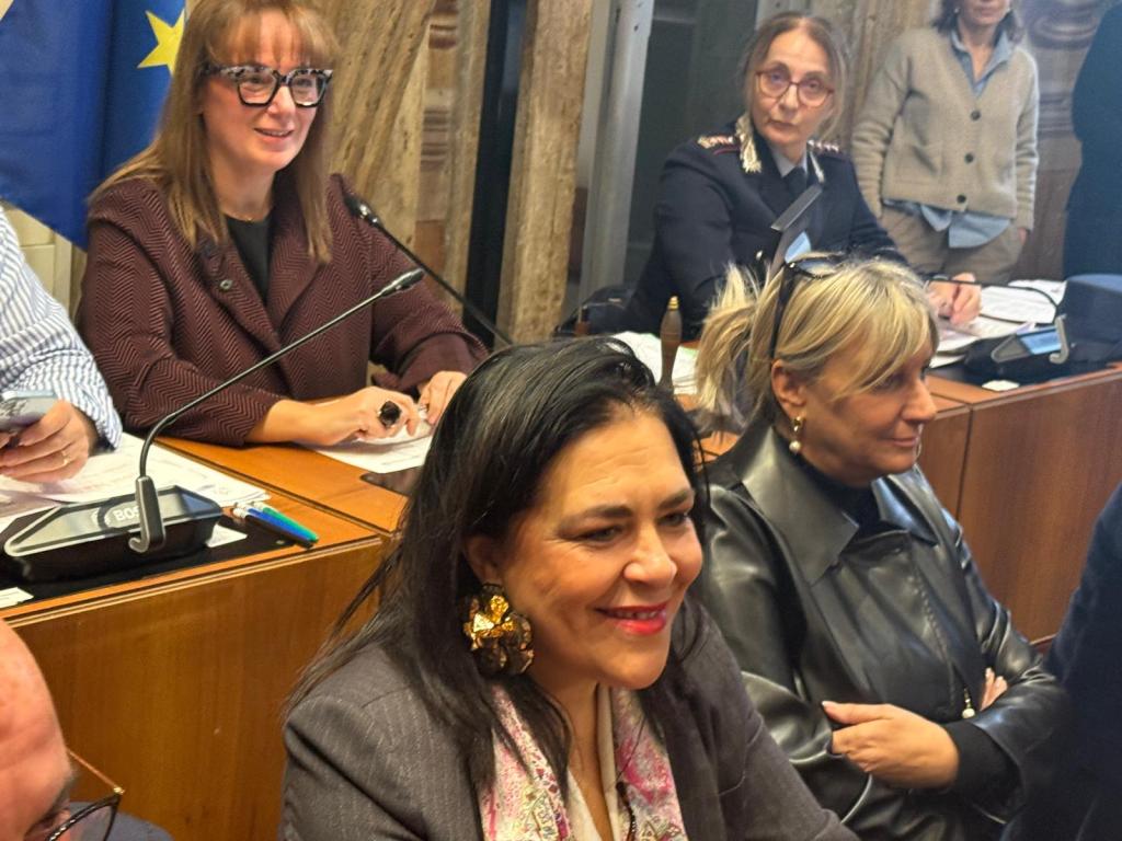 A group of women seated at a conference table, engaged in discussion, with one woman smiling in the foreground. The setting includes a European Union flag in the background, with various documents and microphones visible on the table.