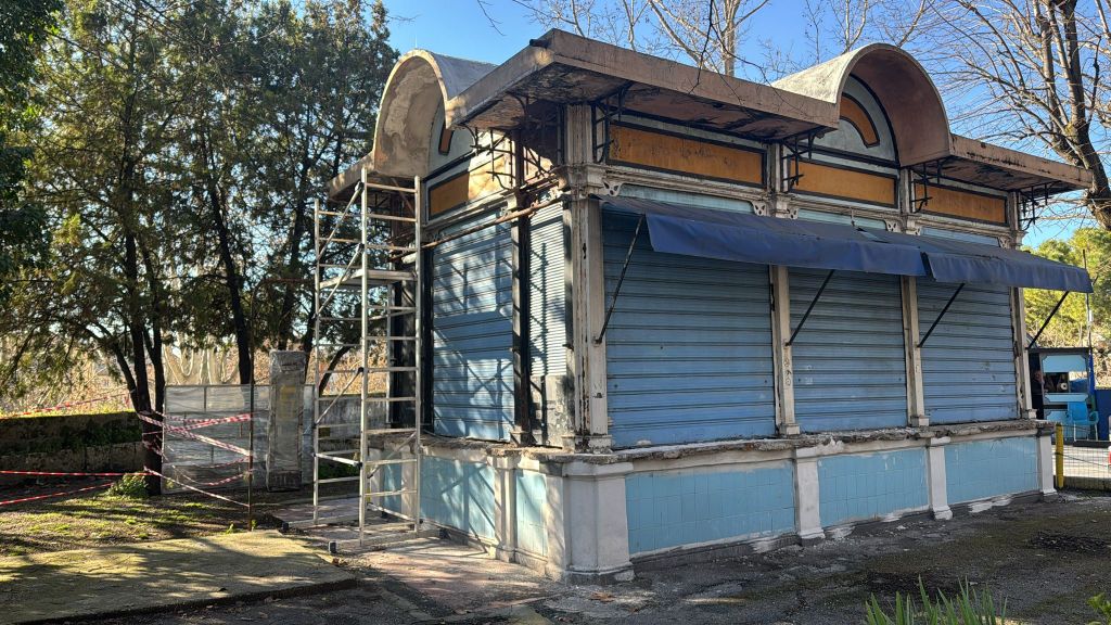 An old, abandoned building with blue exterior, partially covered by tarp, surrounded by scaffolding and trees, showing signs of wear and construction.