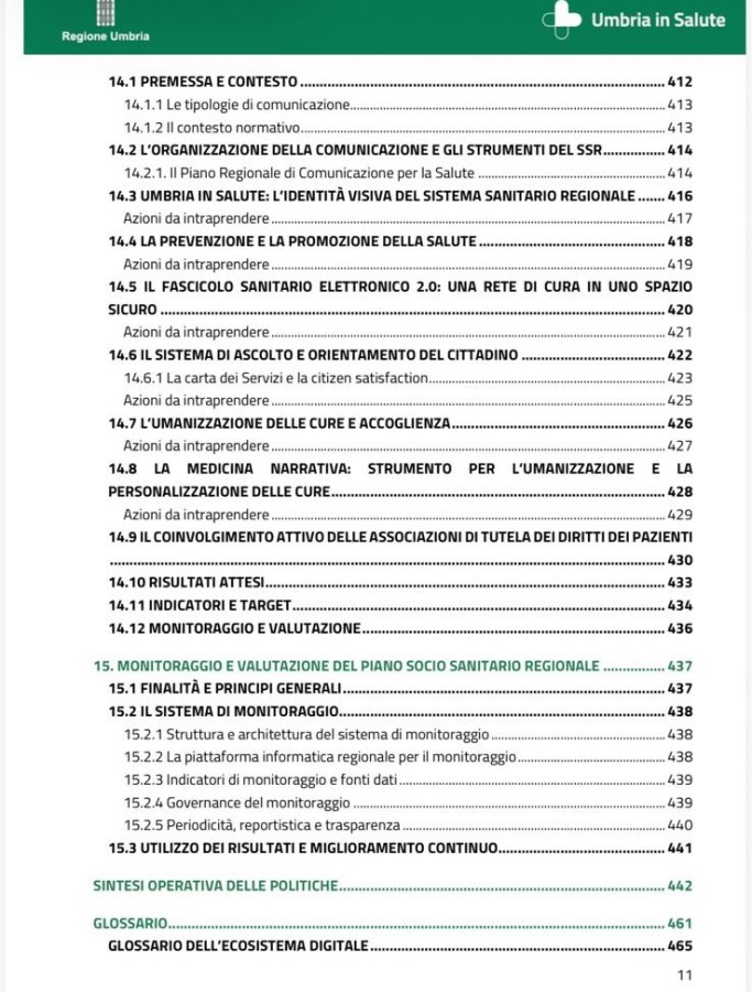 A table of contents from a report titled 'Umbria in Salute' by Regione Umbria, outlining sections on communication organization, health promotion, electronic health records, patient rights associations, and monitoring systems.