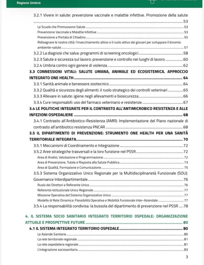 A page from a regional health report in Umbria, Italy, featuring content on health promotion, vaccination prevention, and integrated health policies.