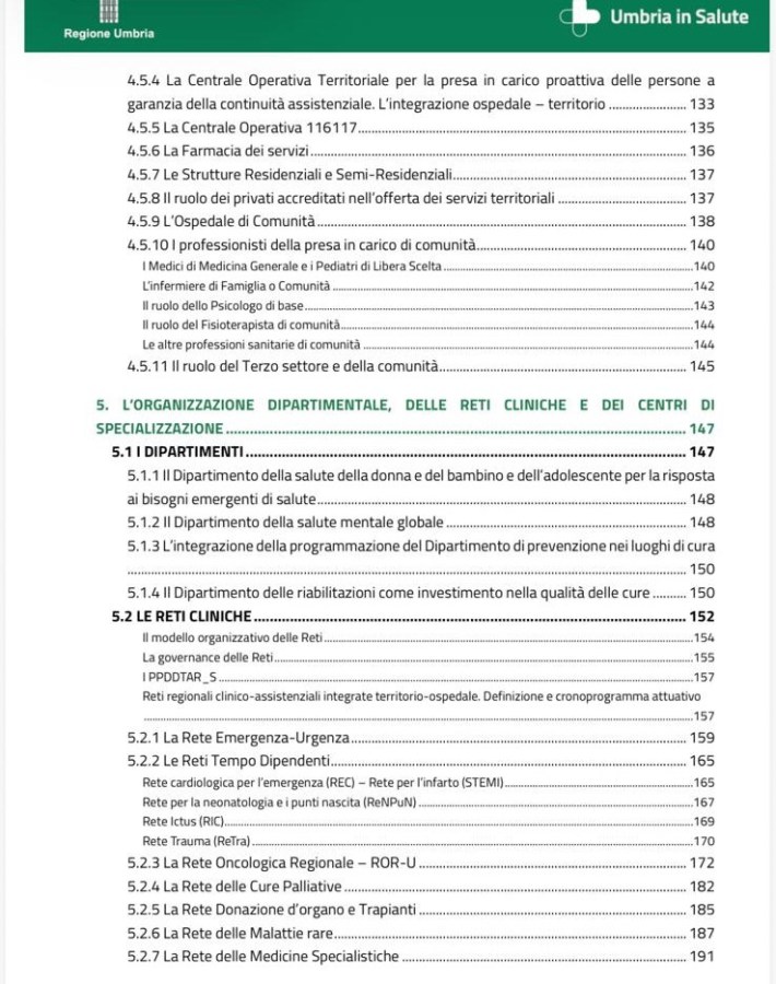 Page of a document titled 'Umbria in Salute' outlining various health departments and services in the Umbria region, including information on community health organizations, emergency services, and specialized medical care.