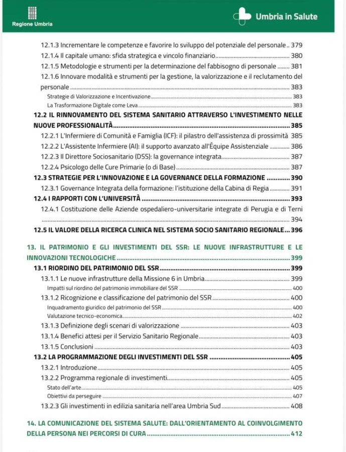 A page from a document titled 'Umbria in Salute' containing various sections and topics related to healthcare and investments in the Umbria region.