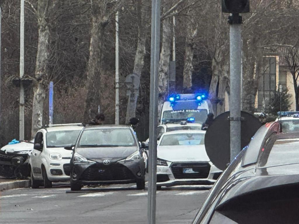 A view of a street with parked cars and police vehicles with flashing blue lights in the background.