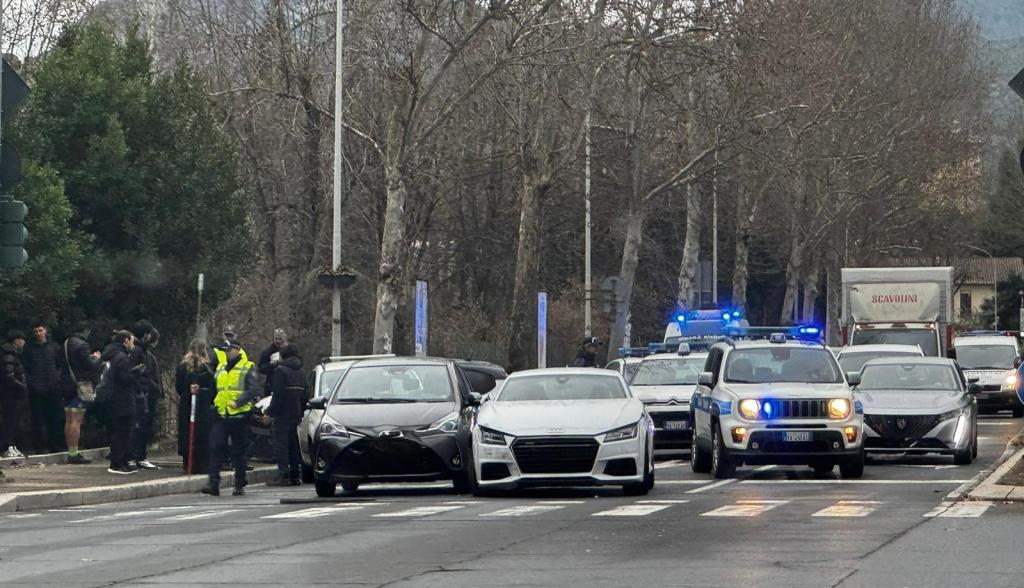 A street scene showing multiple vehicles, including a police car with flashing lights, near a group of people gathered on the sidewalk. Traffic is halted as law enforcement manages the situation.