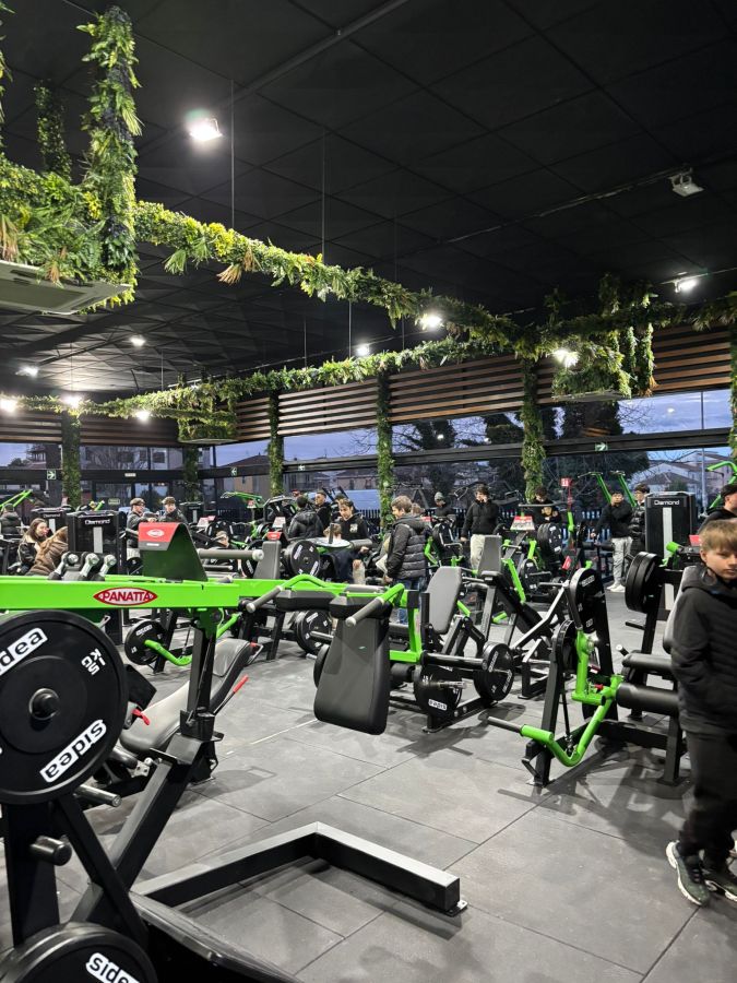 A busy gym interior filled with various workout equipment, featuring green accents and natural greenery hanging from the ceiling. Several people are engaged in exercise routines in a modern, well-lit environment.