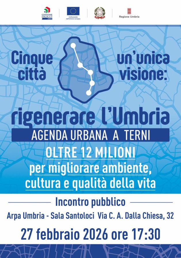 Promotional poster for a public meeting about urban regeneration in Umbria, Italy, featuring a map outline and text about investment for improving environment, culture, and quality of life. Event details include location and date.