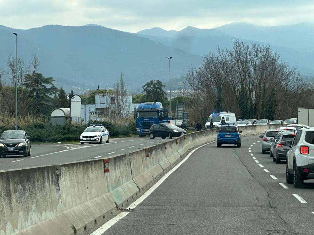 Traffic scene on a highway with several vehicles, including a blue truck and police cars, with mountains in the background.