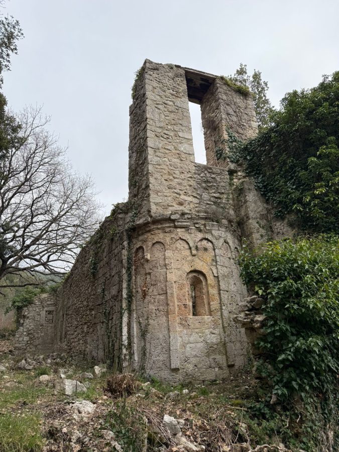 Ruins of an old stone building surrounded by vegetation and trees under a cloudy sky.