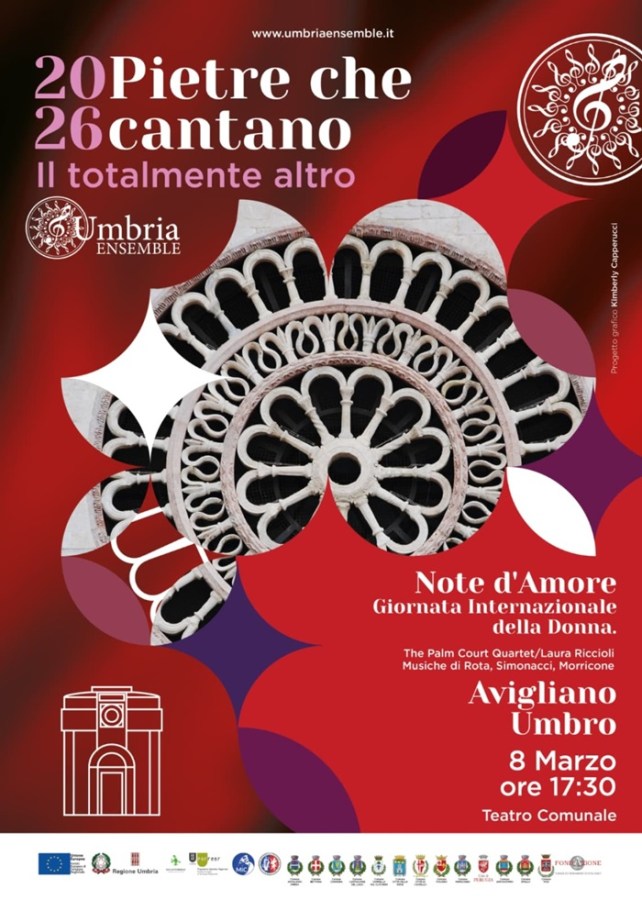 Poster for a musical event titled '20 Pietre che 26 cantano Il totalmente altro' by Umbria Ensemble. Features decorative circular design, event details including date and location: 'Avigliano Umbro, 8 Marzo, ore 17:30, Teatro Comunale'.