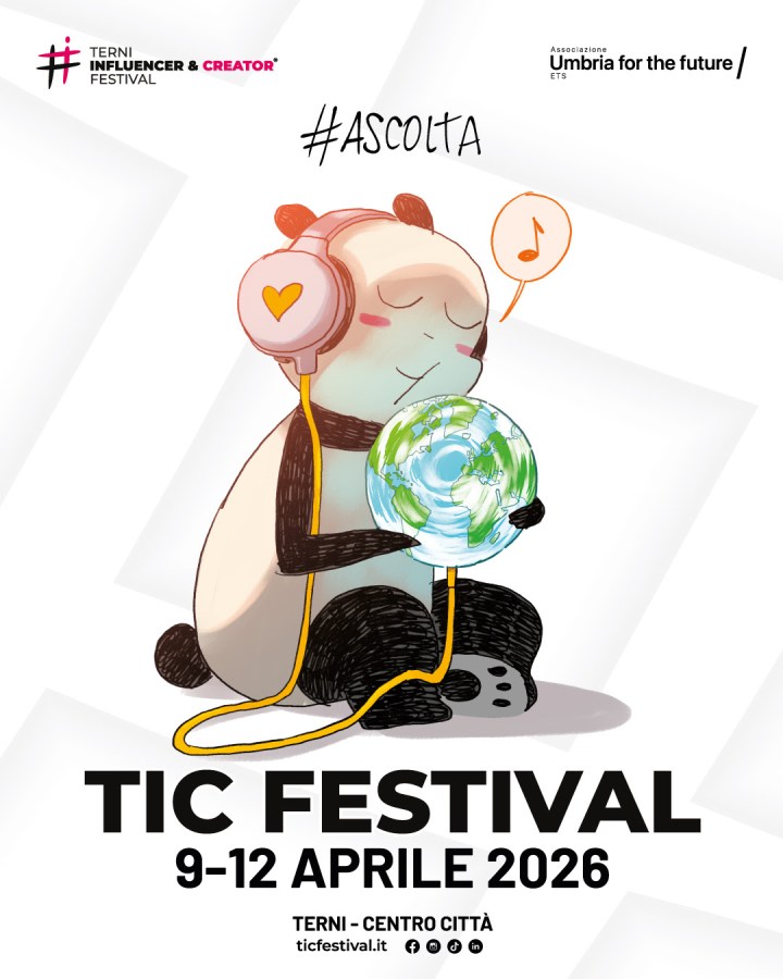 A cute panda wearing headphones and holding a small globe, with the hashtag #ASCOLTA above it. The image promotes the TIC Festival happening in Terni from April 9-12, 2026.