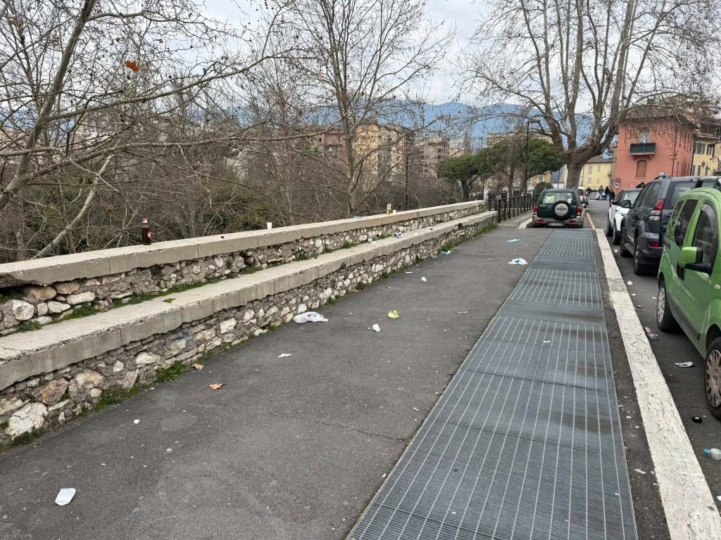 A view of a paved walkway bordered by a stone wall, littered with trash, and several parked cars along the side. Bare trees are visible in the background against an overcast sky.