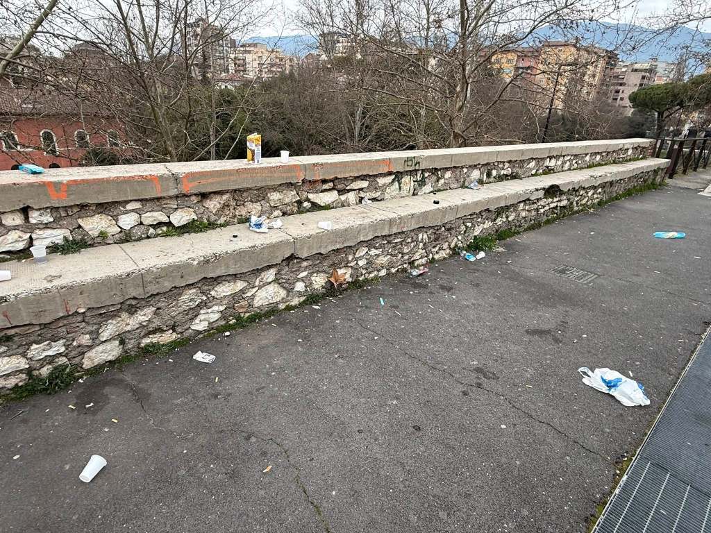 A view of a concrete and stone bench area littered with various pieces of trash, including plastic cups and bags, in a park setting.