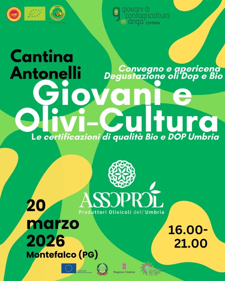 Promotional poster for an event titled 'Giovani e Olivi-Cultura' at Cantina Antonelli in Montefalco, Italy, featuring discussions and tastings of DOP and organic oils on March 20, 2026, from 16:00 to 21:00.