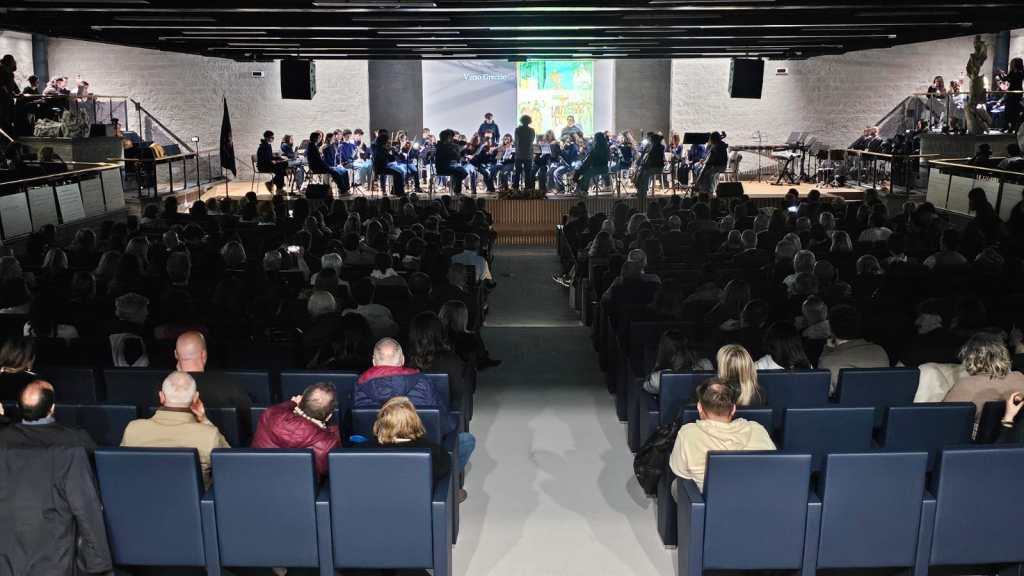 A large audience seated in a modern auditorium watching a musical performance by an orchestra on stage.
