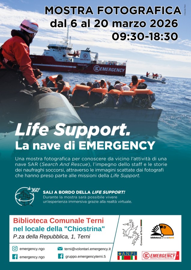 A promotional poster for a photography exhibition titled 'Life Support' showcasing the Work of the NGO Emergency and their rescue ship. The event runs from March 6 to March 20, 2026, at the Biblioteca Comunale Terni, highlighting search and rescue efforts in a sea environment.