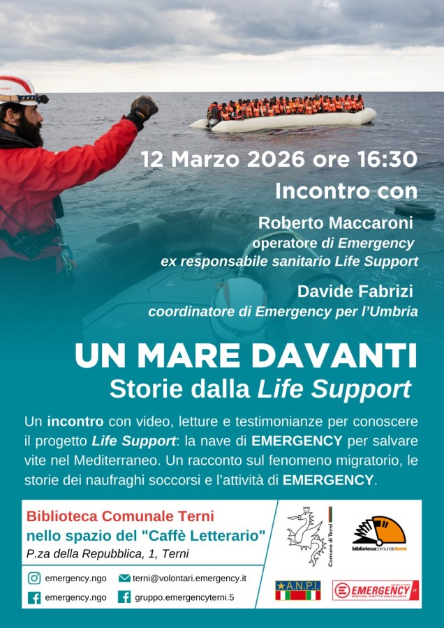 A promotional poster for an event on March 12, 2026, featuring speakers Roberto Maccaroni and Davide Fabrizi discussing the Life Support project by Emergency, designed to save lives in the Mediterranean. The poster includes details about the event location and time.