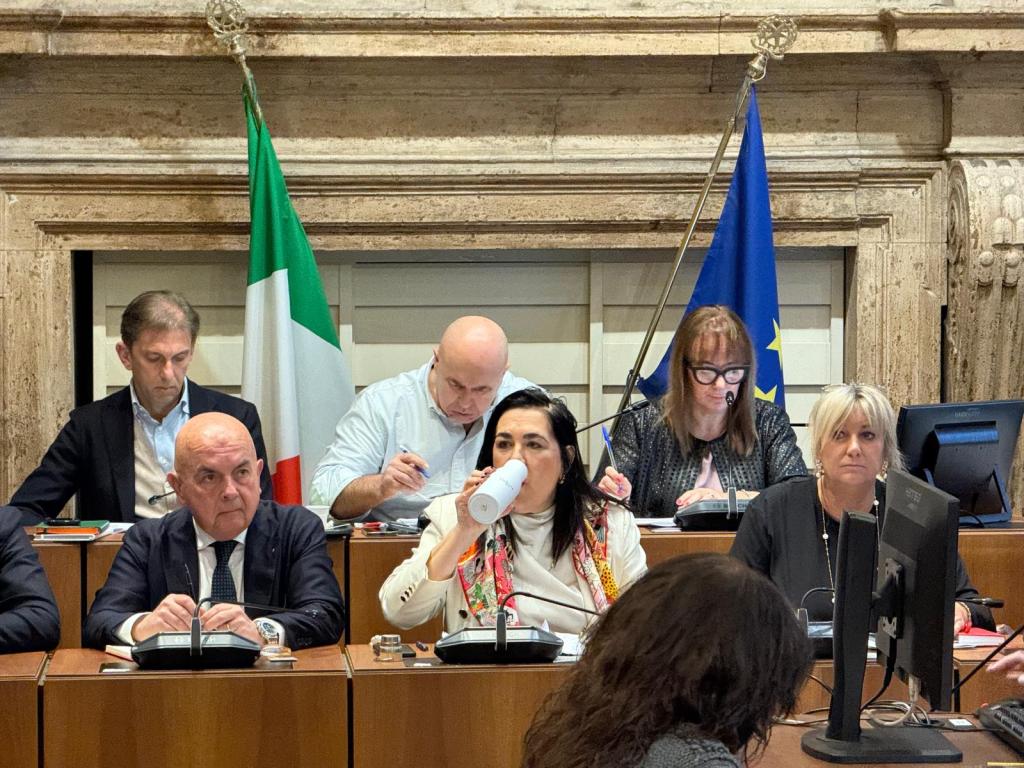 A meeting in a government chamber featuring several individuals seated at a long table, with desks equipped with microphones. An Italian flag and a European Union flag are visible in the background. One woman in the center is drinking from a white bottle, while others are taking notes and engaging with their laptops.