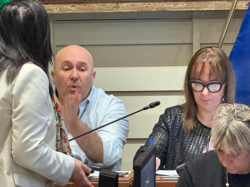 A group of three individuals engaged in a discussion during a meeting, with one person gesturing while speaking. The setting includes a desk with microphones and flags in the background.