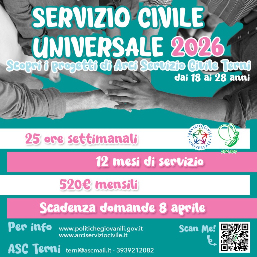Promotional poster for Servizio Civile Universale 2026, featuring hands coming together and text detailing program information, including eligibility for ages 18 to 28, weekly hours, monthly stipend, and application deadline.