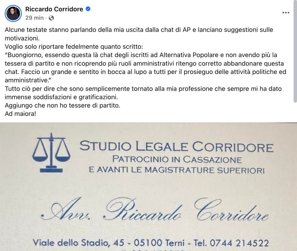 A Facebook post by Riccardo Corridore discussing his exit from a political chat group, expressing his commitment to his legal profession and stating he is no longer a party member. The image includes his business card for 'Studio Legale Corridore.'