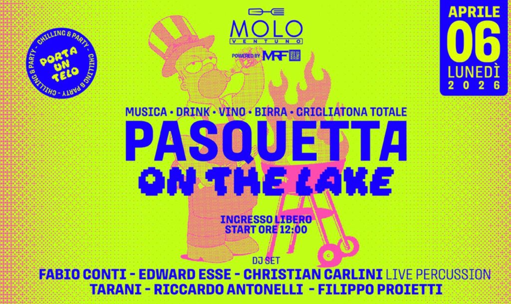Promotional poster for 'Pasquetta on the Lake,' featuring details about music, drinks, and DJ performances on April 6, 2026. Includes a colorful background with visual elements.