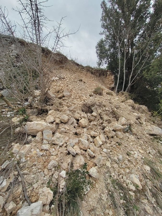 A hillside showing a rocky slope with a significant amount of loose stones and debris, surrounded by sparse vegetation and trees on the upper edge.