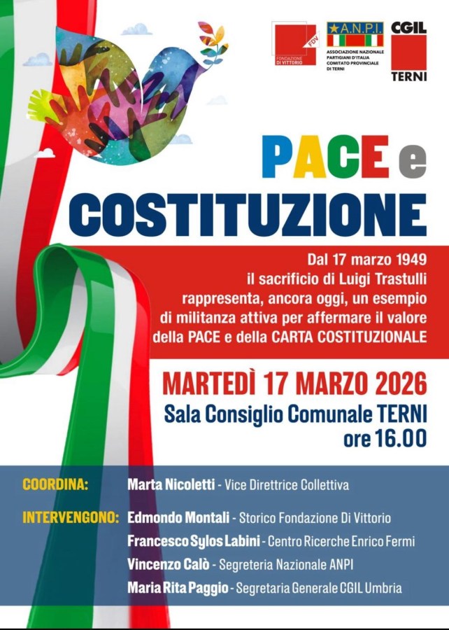 Graphic poster for an event titled 'PACE e COSTITUZIONE' featuring colorful illustrations of a dove and leaves, with details about the event, including date, speakers, and location.