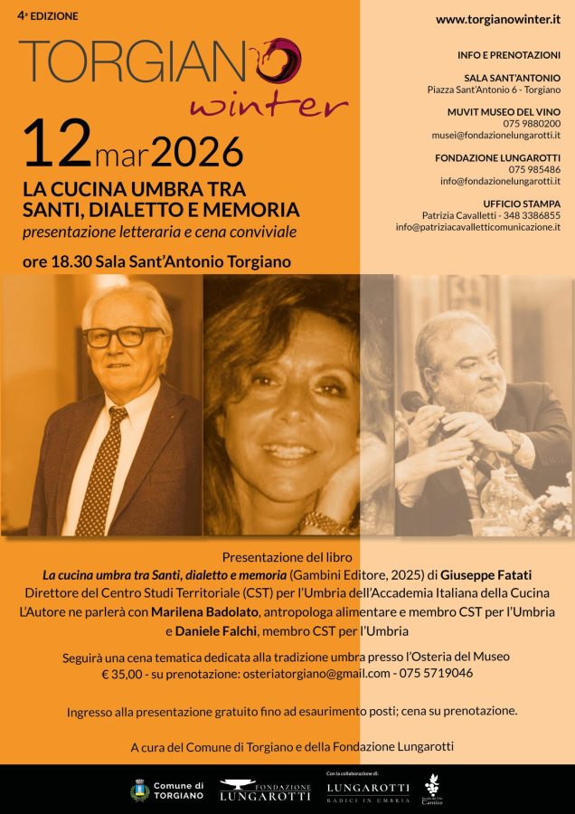 Promotional poster for 'Torgiano Winter' event on March 12, 2026, featuring a book presentation on Umbrian cuisine and a themed dinner.
