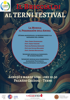 A promotional poster for the 'Il Braccialdi al Terni Festival' event featuring details about a music-themed discussion titled 'Il Pharmakon dell'Anima'. The event includes a list of speakers and takes place on March 9, 2026, at Palazzo Gazzoli in Terni.